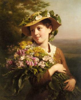 弗裡茨 佐伯 比勒 A Young Beauty holding a Bouquet of Flowers